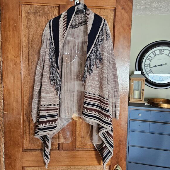 HANNAH  CARDIGAN SWEATER Women's M FRINGE BOHO NEUTRAL - Picture 1 of 8
